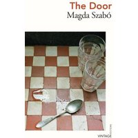 "The Door book by Magda Szabó, cover with two glasses and a spoon on a red and white checkered surface"
