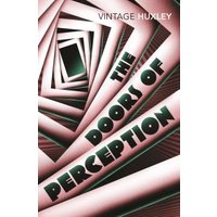 "The Doors of Perception" book with geometric spiral design and bold black text on pink and white background.