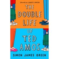 Book cover for "The Double Life of Ted Amos" with split orange and blue background, illustrated feet and legs.