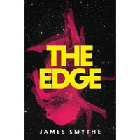 "The Edge" book cover with bold yellow title, pink abstract design, and starry black background.