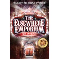 "The Elsewhere Emporium" book cover with carnival lights, tent entrance, and a golden award sticker.