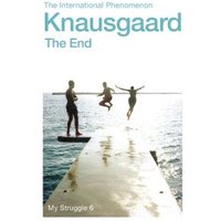 Book cover of "The End" by Knausgaard, featuring three people jumping off a pier into the sea.