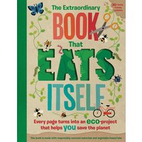 Children's book "The Extraordinary Book that Eats Itself" with green, red, and orange text, insects, and scissors.