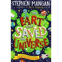 Children's book "The Fart That Saved the Universe" with colorful space-themed cover and playful font.