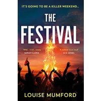 "The Festival" book cover with silhouetted crowd and bonfire against a sunset sky, by Louise Mumford.