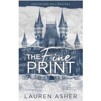 "The Fine Print" book with blue castle illustration and white text on a crumpled paper background.