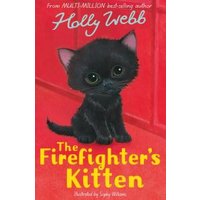 Children's book "The Firefighter's Kitten" with a black kitten on a red background, by Holly Webb.