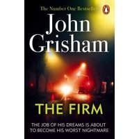 "The Firm" book by John Grisham, cover with foggy street scene, red car headlights, and bold yellow title text.