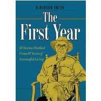 Blue book cover titled "The First Year" with illustration of a seated man in a hat and glasses.