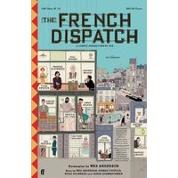 "The French Dispatch movie poster with illustrated characters in window frames and a cityscape background"