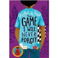 "The Game I Will Never Forget book, blue cover with child wearing shirt, chessboard pattern, and cityscape background"