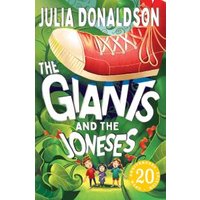 Children's book "The Giants and the Joneses" with a giant red shoe and three children on a green leafy background.