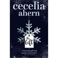 Navy blue book cover of "The Gift" by Cecelia Ahern with silver snowflake and starry background.