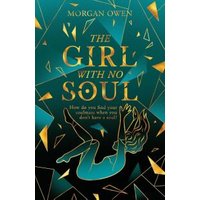 Teal and gold book cover of "The Girl With No Soul" by Morgan Owen, featuring a falling silhouette and shattered glass design.