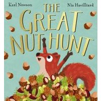 Children's book "The Great Nut Hunt" with a joyful squirrel surrounded by acorns on a light blue background.