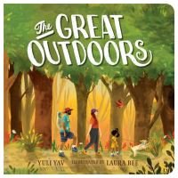 "The Great Outdoors book cover with family hiking in a lush forest, vibrant green trees, and playful dog."