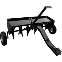 Black Handy 101cm plug aerator with spiked tines, two wheels, and a long handle for easy lawn maintenance.