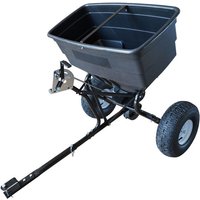 Black Handy 80kg towed broadcast spreader with large hopper, metal frame, and two pneumatic wheels.