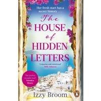 Book cover of "The House of Hidden Letters" by Cornerstone, featuring a coastal village view framed by pink flowers.