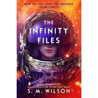 "The Infinity Files book cover featuring an astronaut helmet with a woman's face, fiery orange and red background."