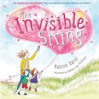 "The Invisible String book with pink heart cover, features mother and two children in a grassy field."