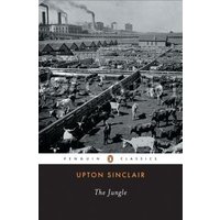 Paperback of "The Jungle" by Upton Sinclair, Penguin Classics edition, features a black and white stockyard scene.