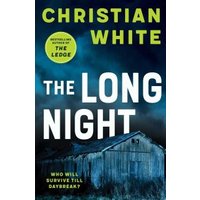 "The Long Night" book by Christian White, features a dark, stormy sky over a weathered barn, with bold white title text.