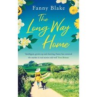 "The Long Way Home" book cover with woman in yellow dress walking dog on country path, blue sky, and flowers.