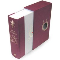 Maroon hardcover edition of "The Lord of the Rings" with embossed text and decorative slipcase.