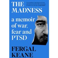 Blue book cover titled "The Madness" with a black-and-white face cutout and white text detailing war, fear, and PTSD.