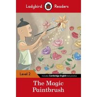 "The Magic Paintbrush book cover with a child painting colorful flowers, red border, and Ladybird Readers logo."