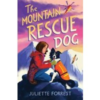 "The Mountain Rescue Dog book cover with girl in red jacket and black-and-white dog in orange vest on snowy mountain."