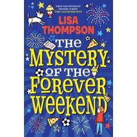 "The Mystery of the Forever Weekend" book with fireworks, pizza, and soccer graphics on a blue background.