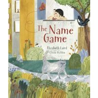 Children's book "The Name Game" with illustrated boy, dog, and garden scene on cover.