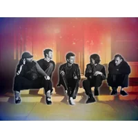 Band poster featuring five people sitting against a colorful, abstract background with warm tones.