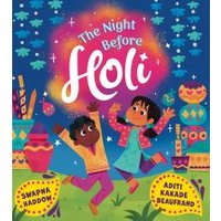 Children's book "The Night Before Holi" with colorful illustrations of two kids celebrating with festive decorations.