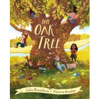 Children's book "The Oak Tree" with illustrated tree, kids playing, and animals beneath.