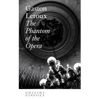 Black and white book cover of "The Phantom of the Opera" by Gaston Leroux with ornate chandelier and ceiling design.