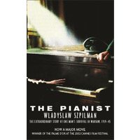 Book cover for "The Pianist" by Wladyslaw Szpilman, featuring a piano and hands playing, with a dark, dramatic background.