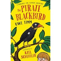 Yellow book cover of "The Pirate Blackbird" featuring a blackbird on a branch with green leaves.