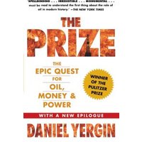 "The Prize" book by Daniel Yergin, white cover with bold orange title, Pulitzer Prize winner seal, subtitle in gold.