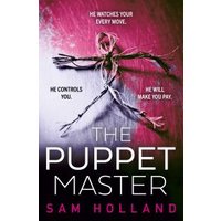 Book cover of "The Puppet Master" with a twisted string puppet on a pink and black background.