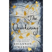 "The Quickening" book cover with swirling gold leaves on a dark, textured background by Rhiannon Ward.