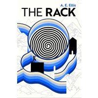 "The Rack" book cover with spiral design, blue and white waves, and a small figure on a black platform.
