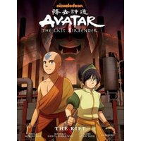 "Avatar: The Last Airbender graphic novel 'The Rift' with Aang and Toph in front of an industrial background."