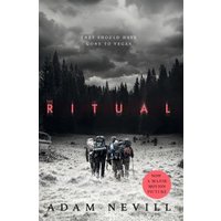 Book cover for "The Ritual" by Adam Nevill, featuring hikers in a dark forest with ominous skies.