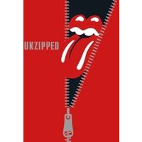 Red Rolling Stones poster with iconic tongue logo and silver zipper design, text "Unzipped" on the left.