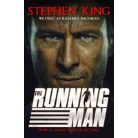 "The Running Man book cover with intense close-up of a man's face and bold white title text."