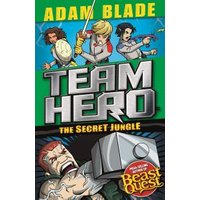 "Team Hero book 'The Secret Jungle' with illustrated characters and large hammer on green and black cover"