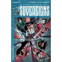 Comic book "The Sovereigns: End of the Golden Age" with shattered glass design and various character faces.